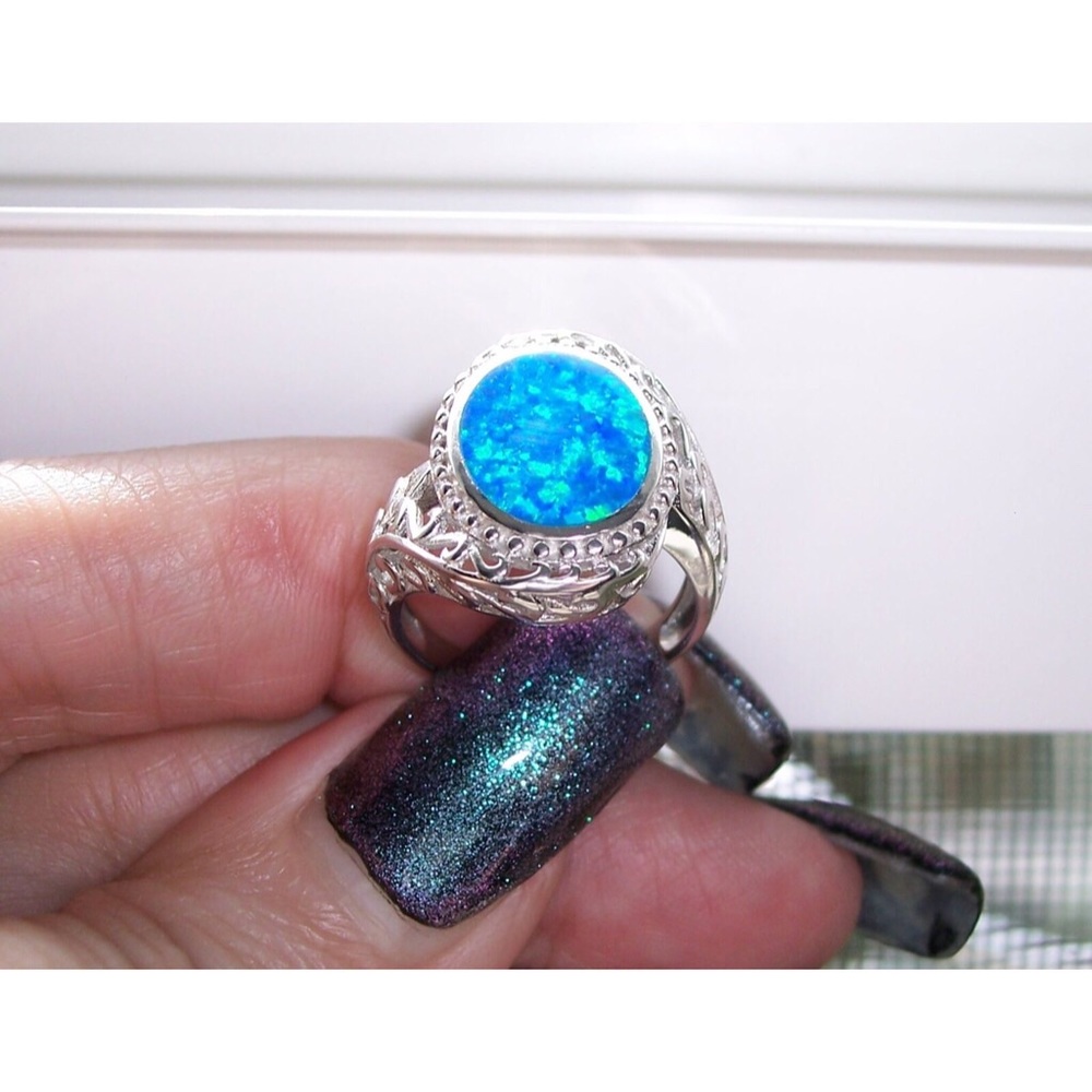 925 STERLING SILVER Lab Created Blue Fire Opal Ring - Picture 10 of 16